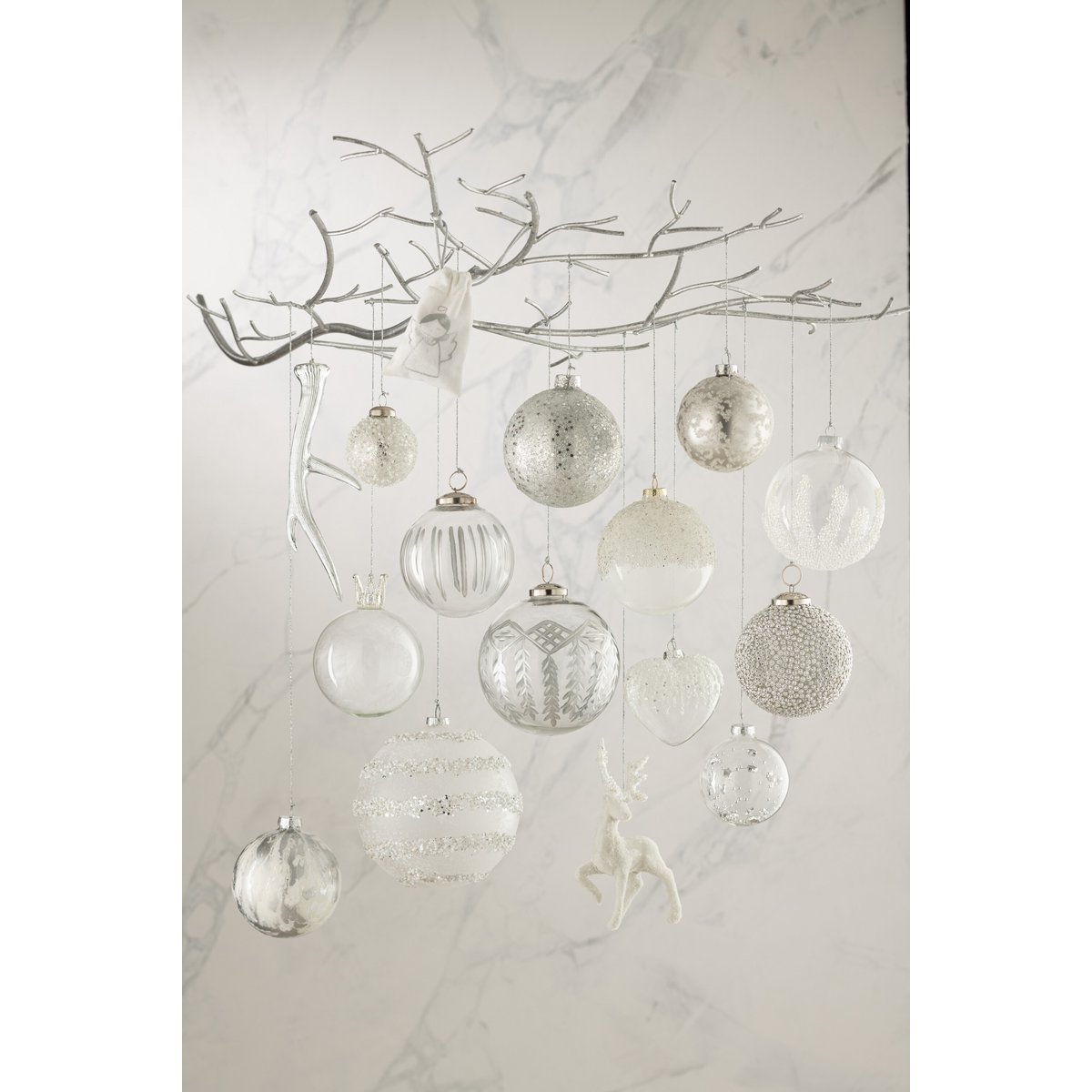 Weihnachtskugel Zucker – Glas – Grau/Weiß/Silber – klein – 12er-Box