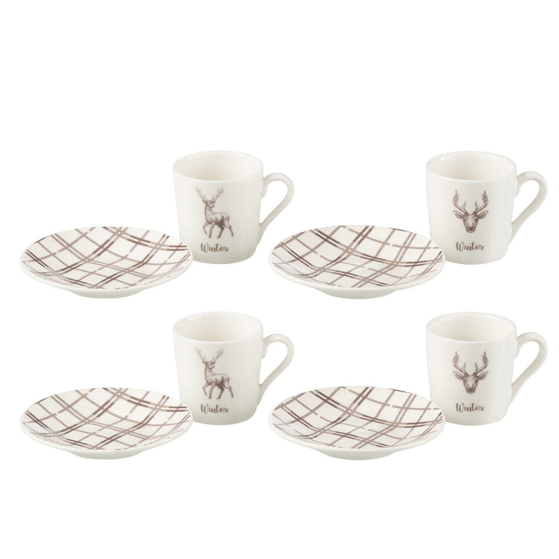 Set of 4 tea espresso cups with saucers reindeer design ceramic 80 ml white brown