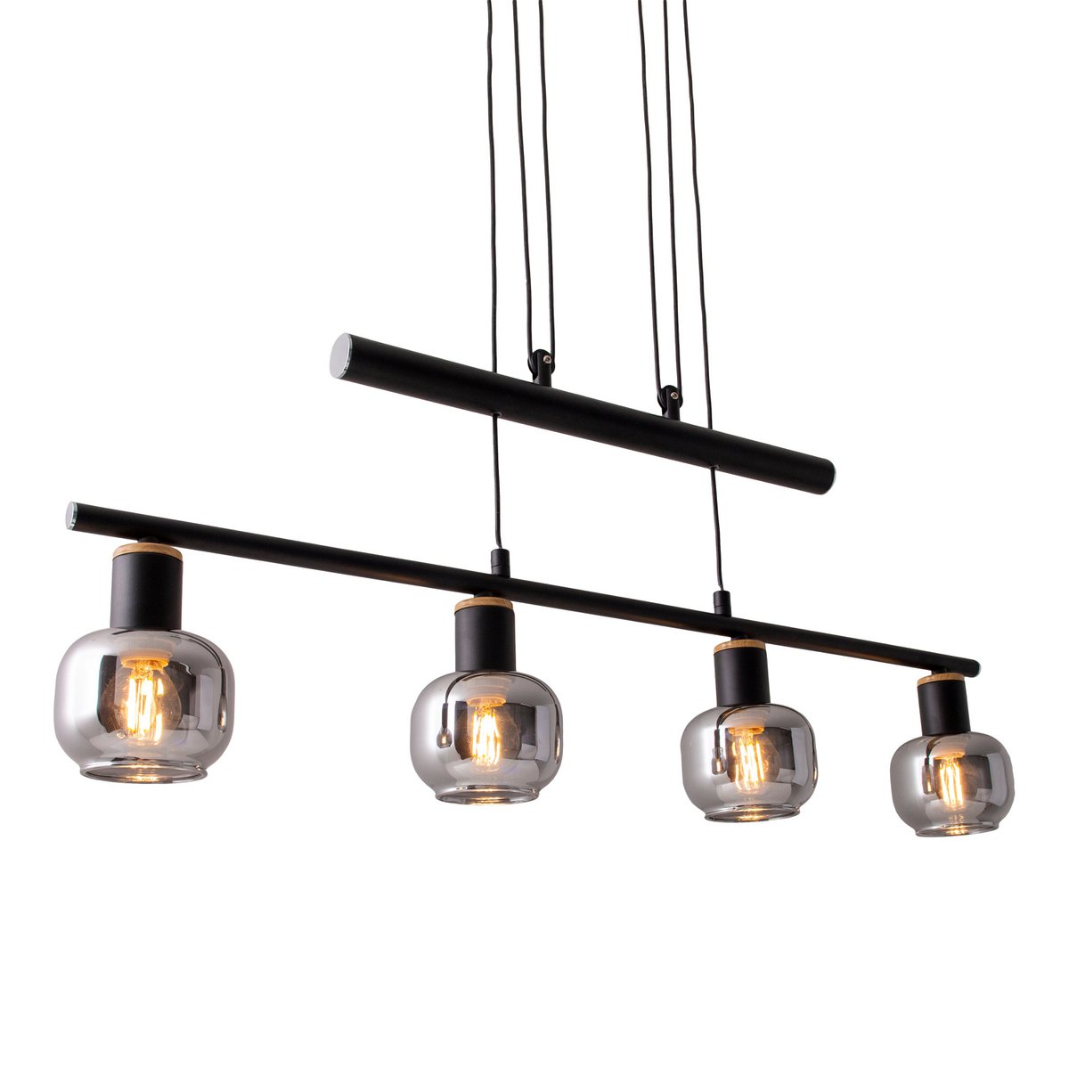 4er Pendelleuchte "FUMOSO", Pendellampe höhenverstellbar aus Metall und Rauchglas in Schwarz,, mit E14-Fassung, für Esszimmer, Wohnzimmer, Diele oder Büro, 78 x 10 cm