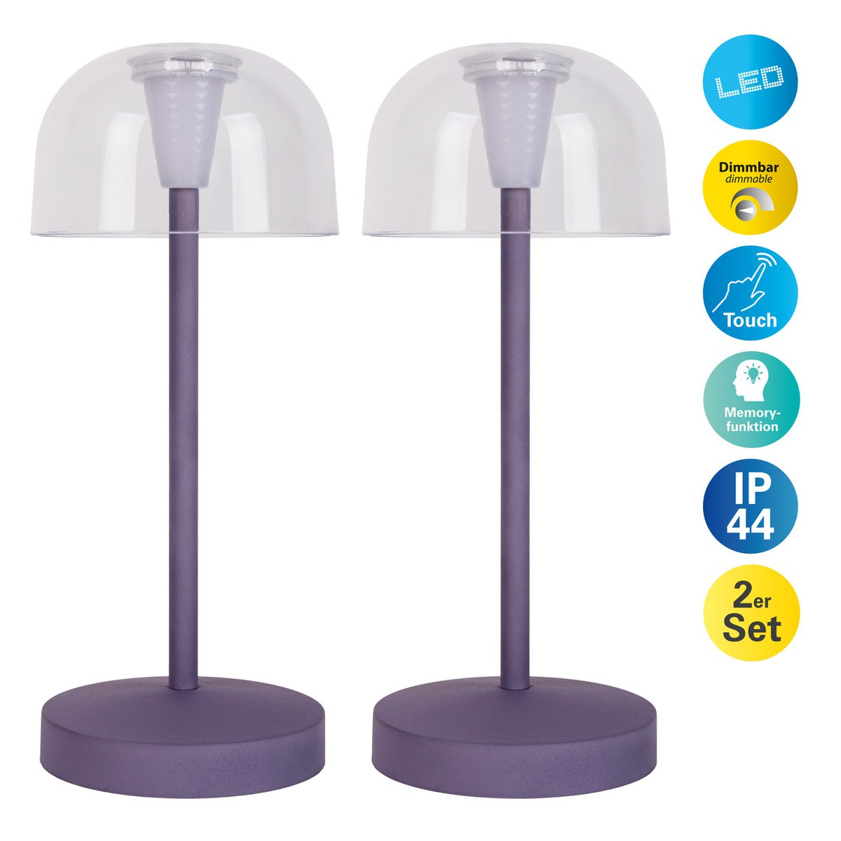 2-er Set LED-Akku-Tischleuchte "Gomba" für Außen und Innen, aus Metall und Kunststoff in Brombeere , 18,5 cm hoch