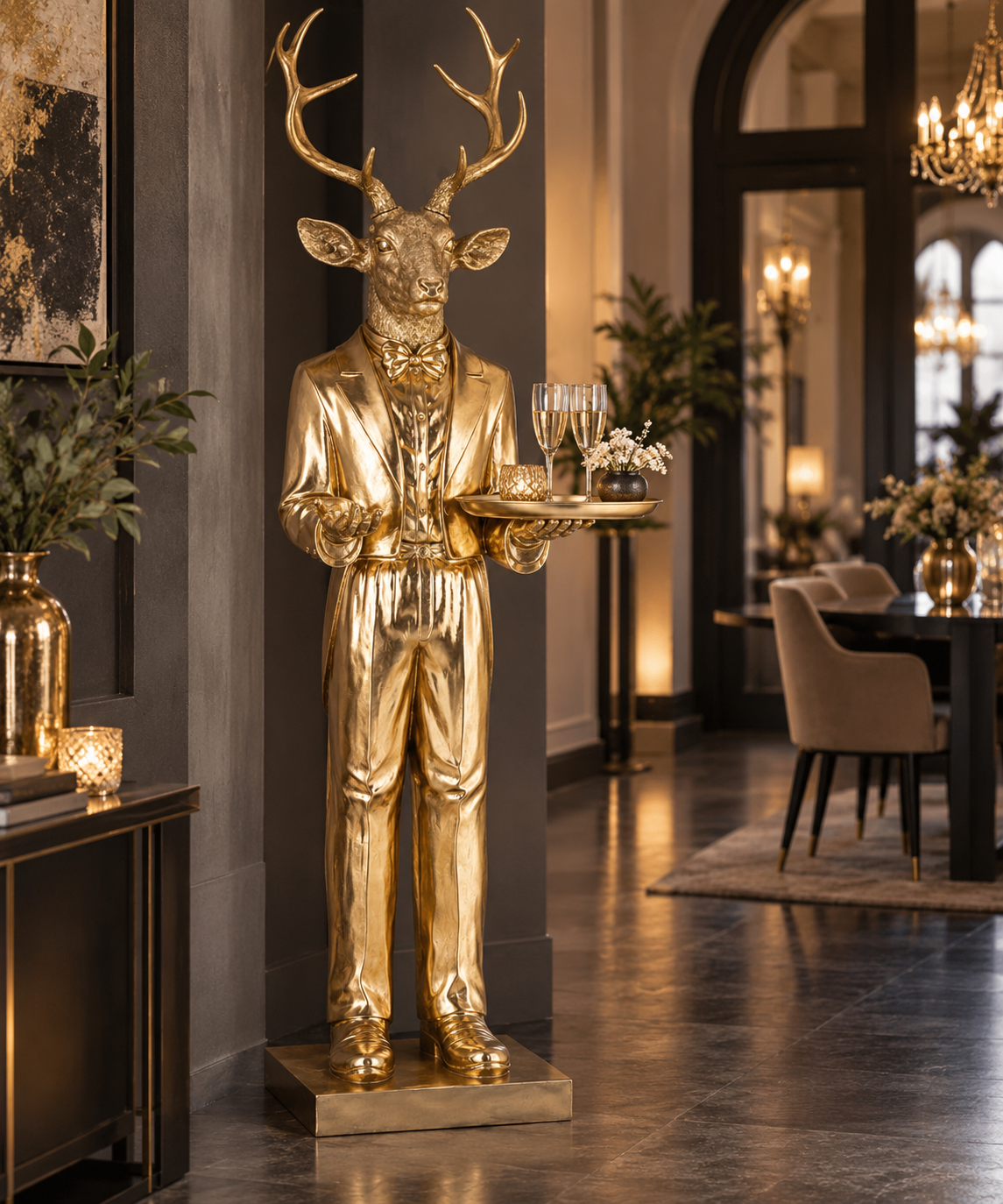 XXL Hirsch Kellner in Gold mit Serviertablett ein Meisterwerk für edle Präsentationen