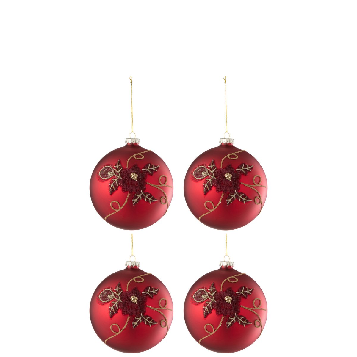 Doos met 4 kerstballen, bloemglas, rood, klein