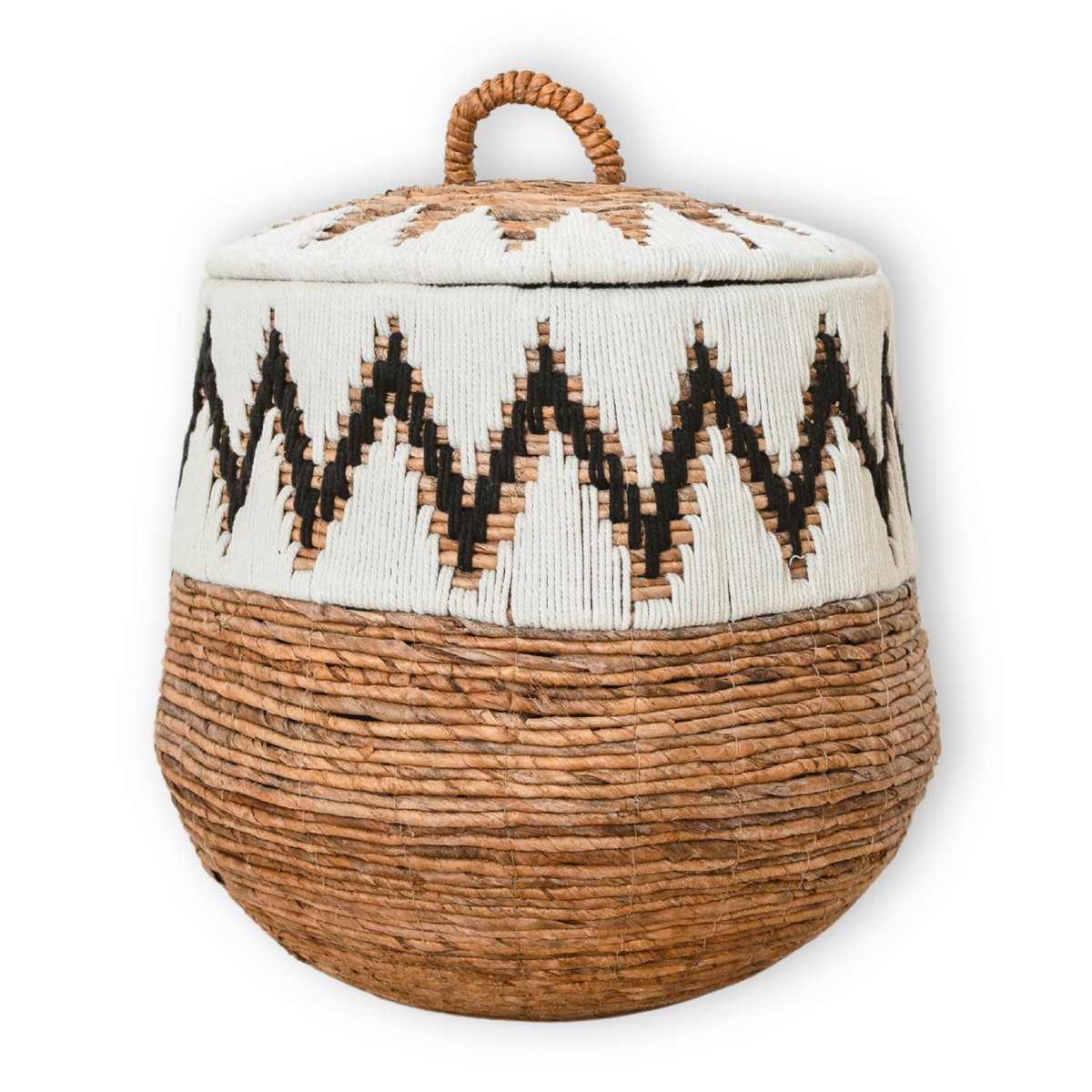 Wäschekorb mit Deckel – Boho-Wäschekorb rund – großer Boho-Korb – geflochtener Korb mit Baumwollmuster PALEM (3 Größen Ø33/43/55 cm)