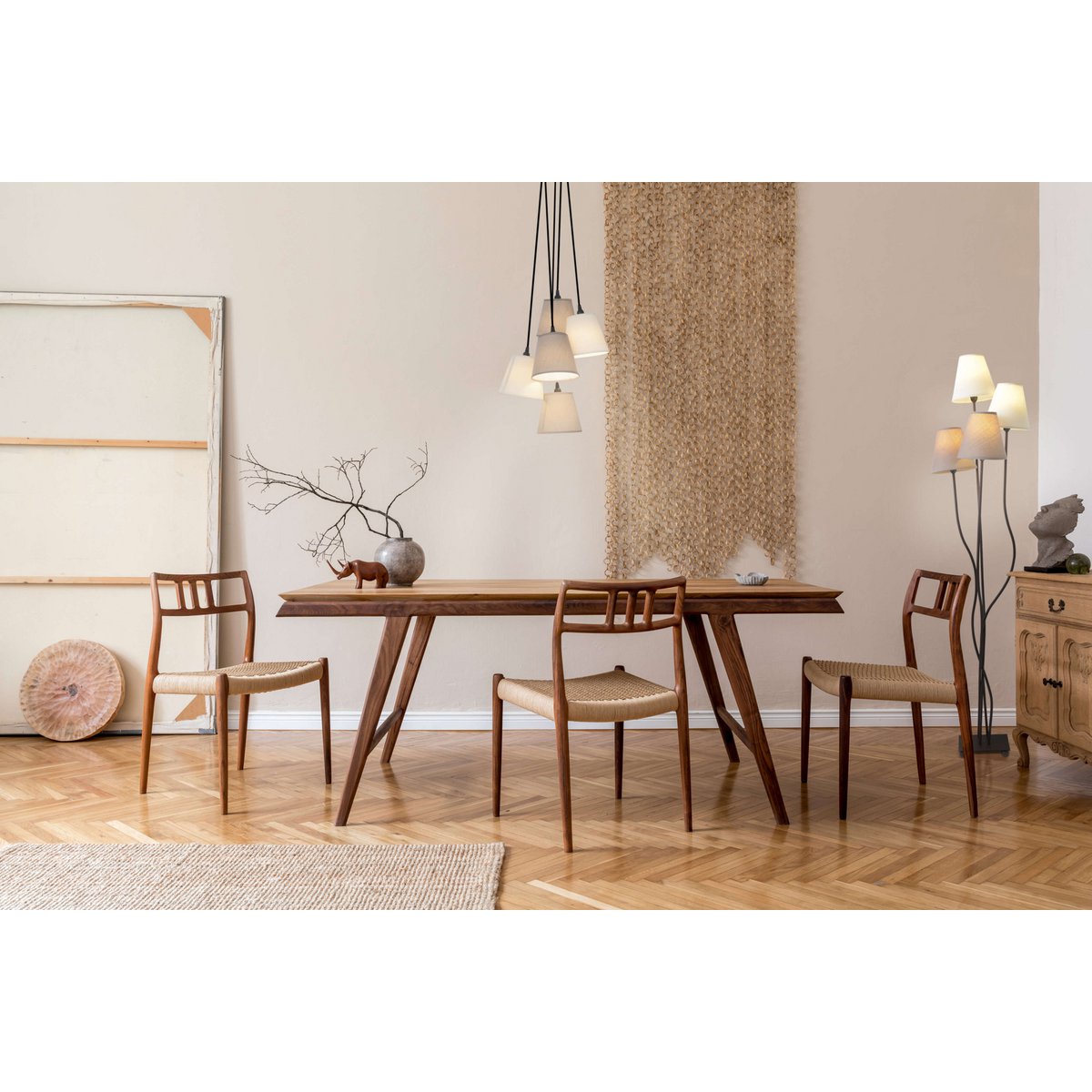 Textile pendant light "BOHO", Young Living, hanging lamp with 5 textile shades in beige and brown, with E14 socket, for dining room, living room, hallway, or office, 95 cm high