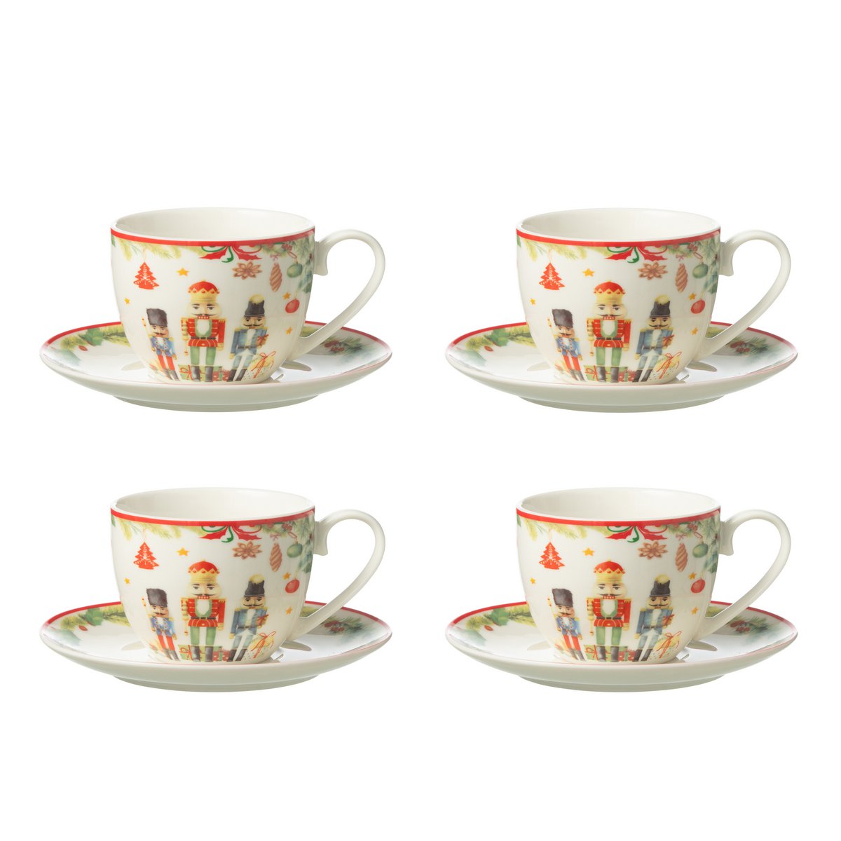 Set of 4 Nutcracker Teacups with Saucers – Ceramic, 220 ml