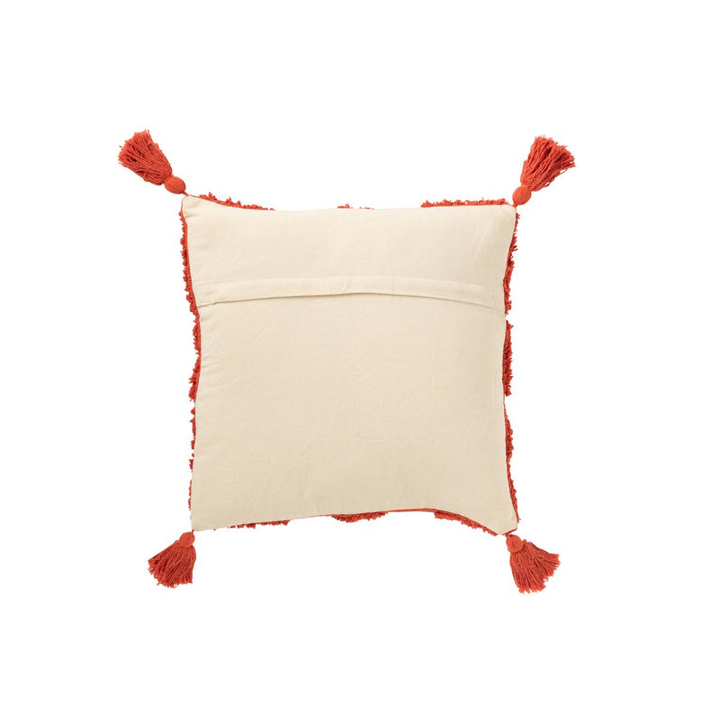 Quadratisches Kissen mit Quasten und Muster – Ziegelrot Boho Design