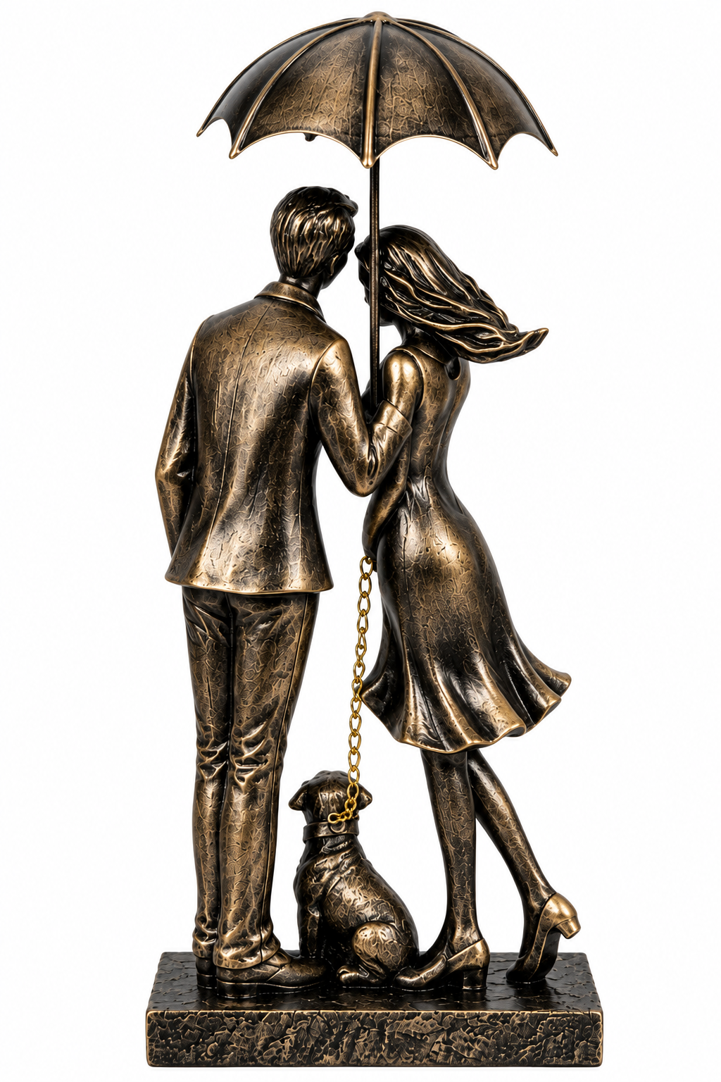 Dekofigur Paar mit Hund unter Regenschirm Gold Schwarz 32cm