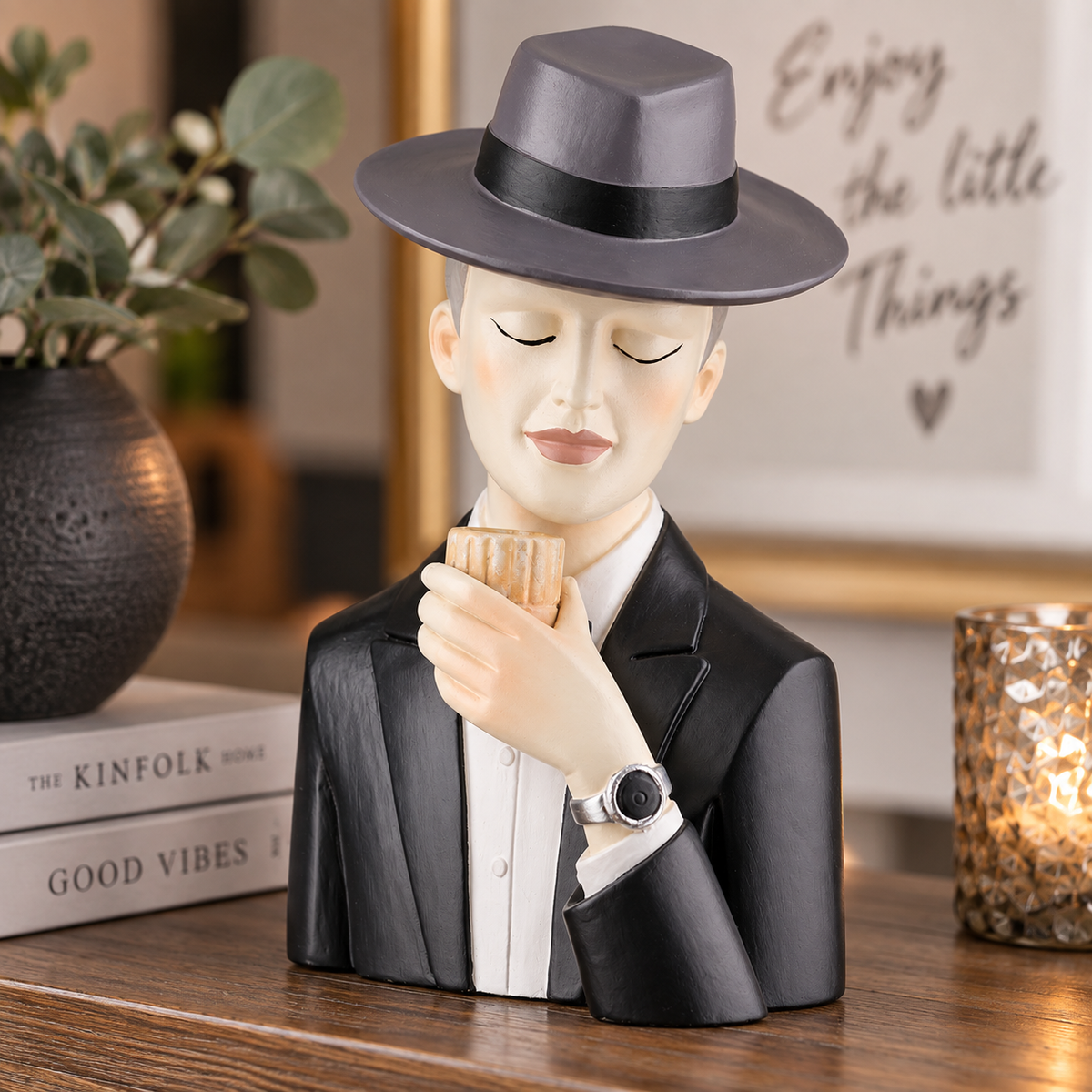 Dekofigur Gentleman mit Whiskyglas Handbemalt Schwarz Grau 19cm