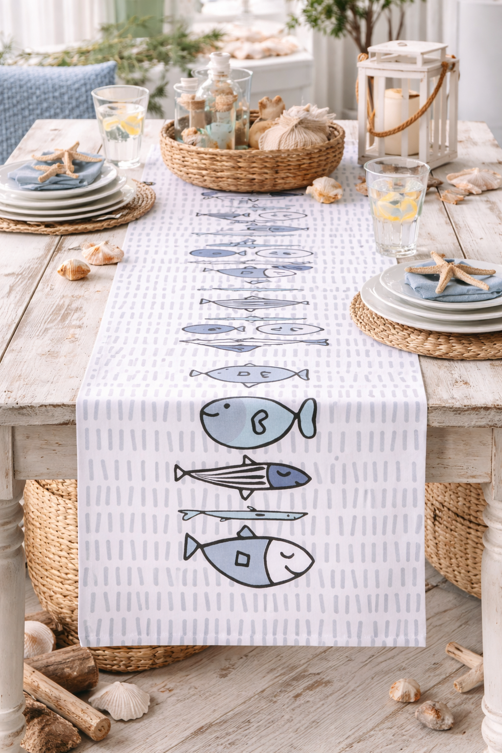 Tischläufer Fish Baumwolle Blau Fisch Motiv Tischdekoration