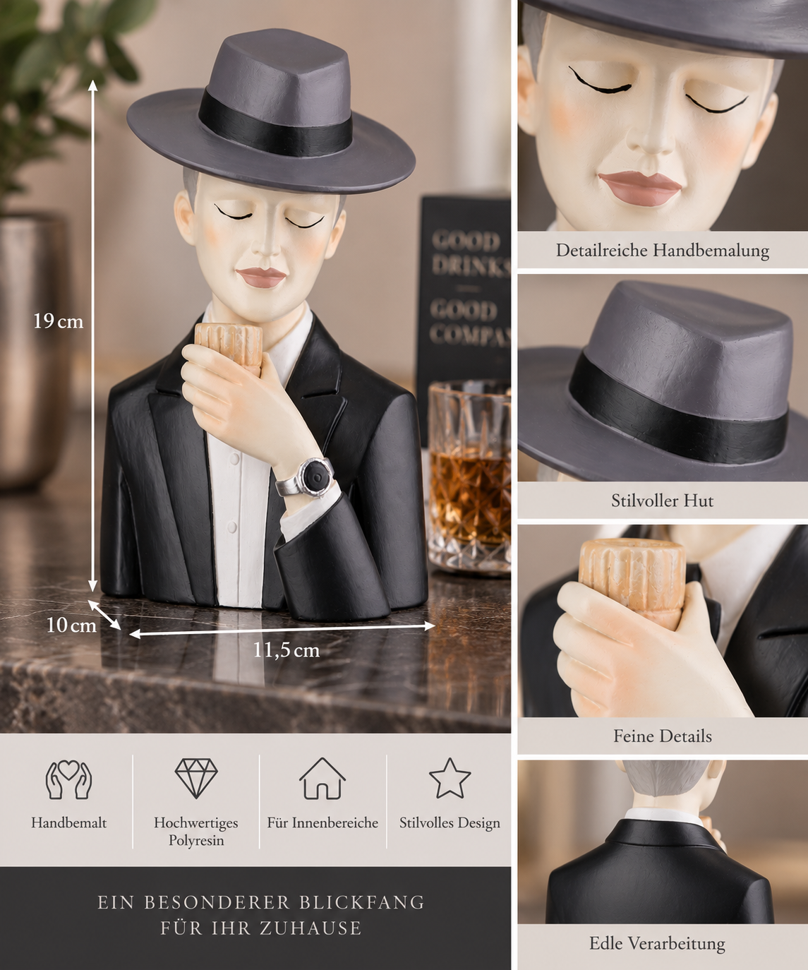 Dekofigur Gentleman mit Whiskyglas Handbemalt Schwarz Grau 19cm