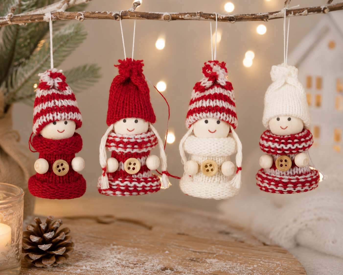 Weihnachtsanhänger Holzpüppchen Leni 8er Set in Rot und Weiß