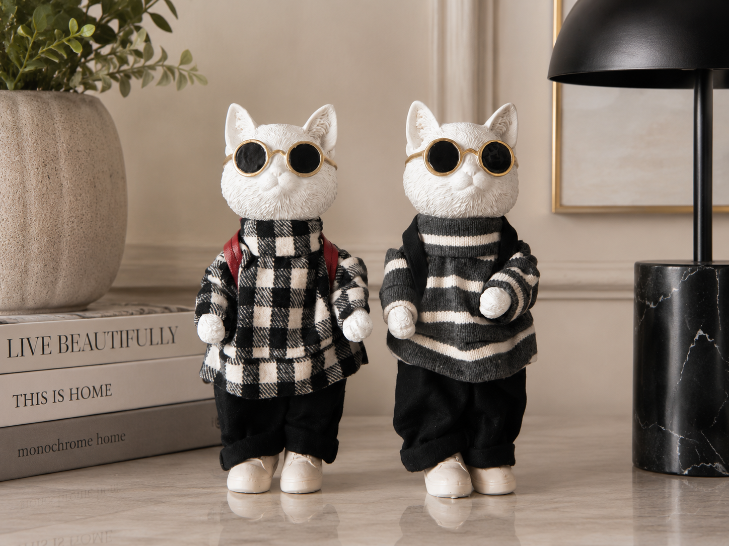 Deko Katzen 2er Set Lino schwarz weiß mit Sonnenbrille 24 cm