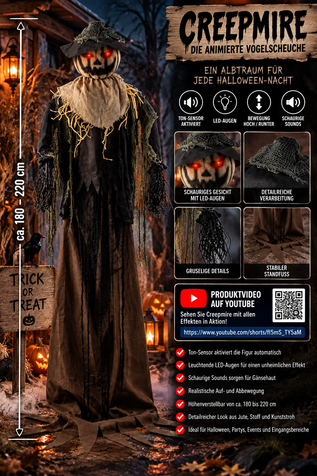 Vogelscheuche Creepmire mit Sound LED und Höhenbewegung 180–220cm
