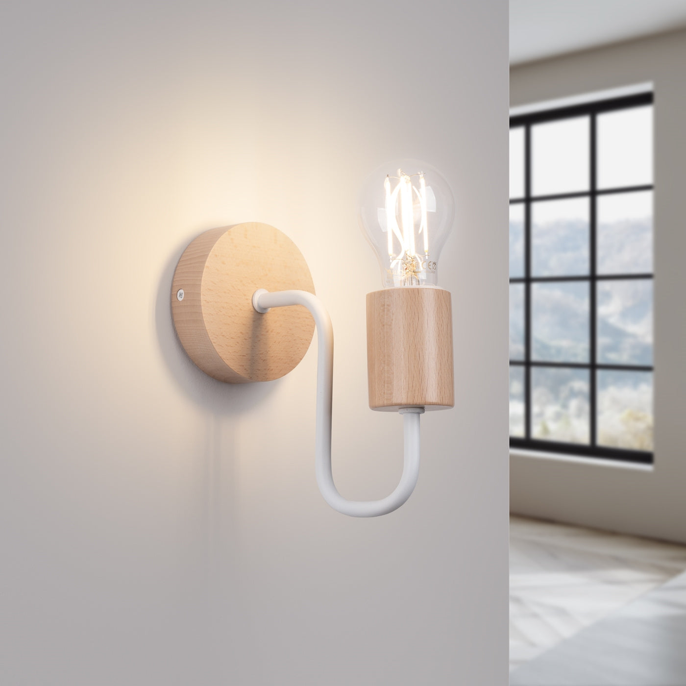 Wandlampe Timbo Weiß Naturholz Skandi Design