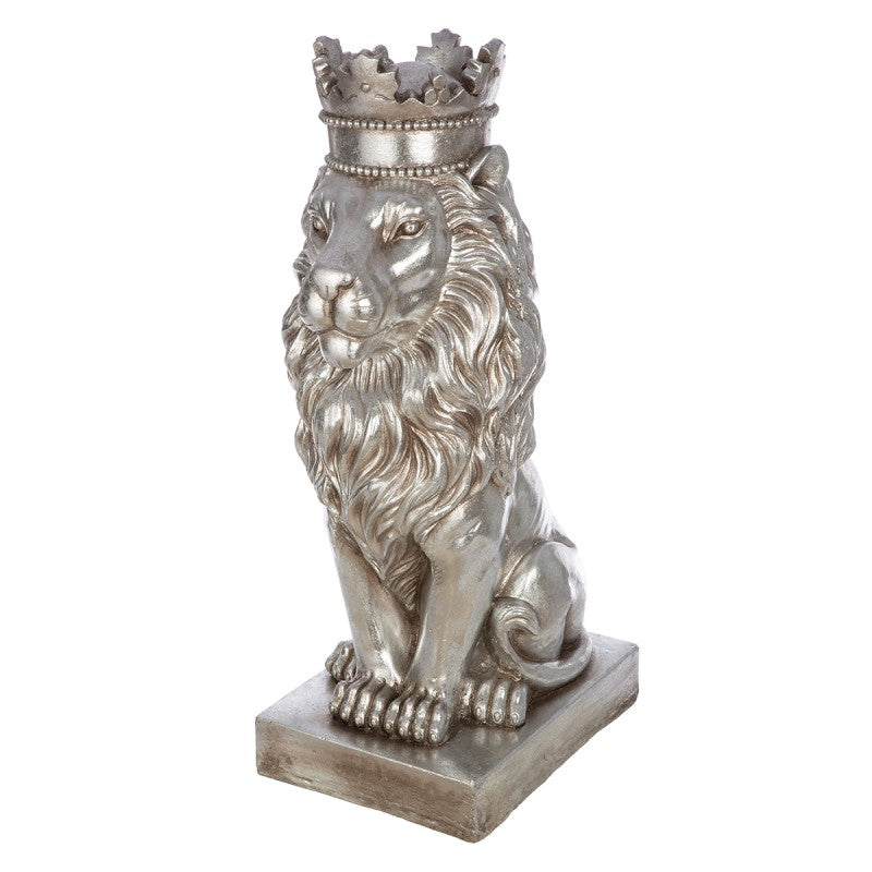 Skulptur Löwe mit Krone aus Magnesia silberfarben Majestätische Präsenz für den Außenbereich