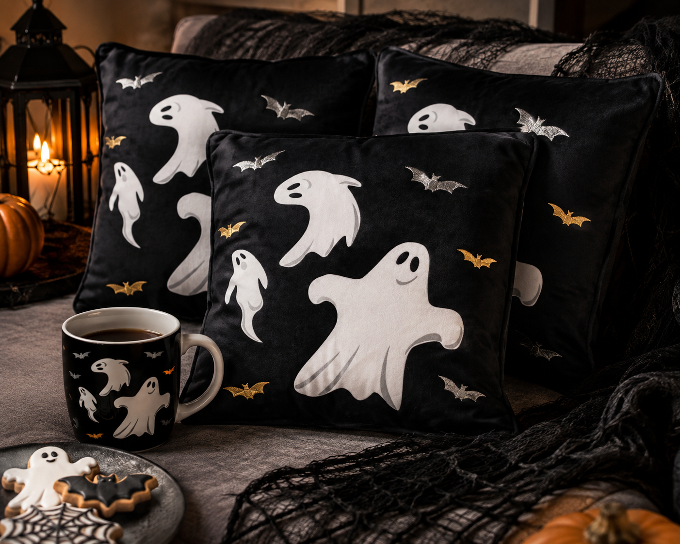 Halloween Kissen 3er Set Geisterflug 45 x 45 cm Schwarz