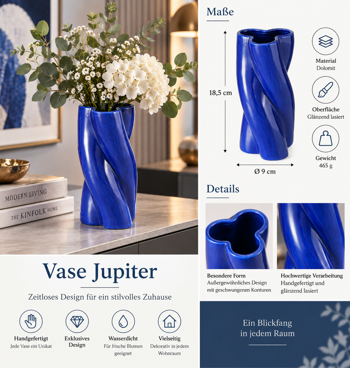 Vase Jupiter blau 18,5 cm handgefertigt