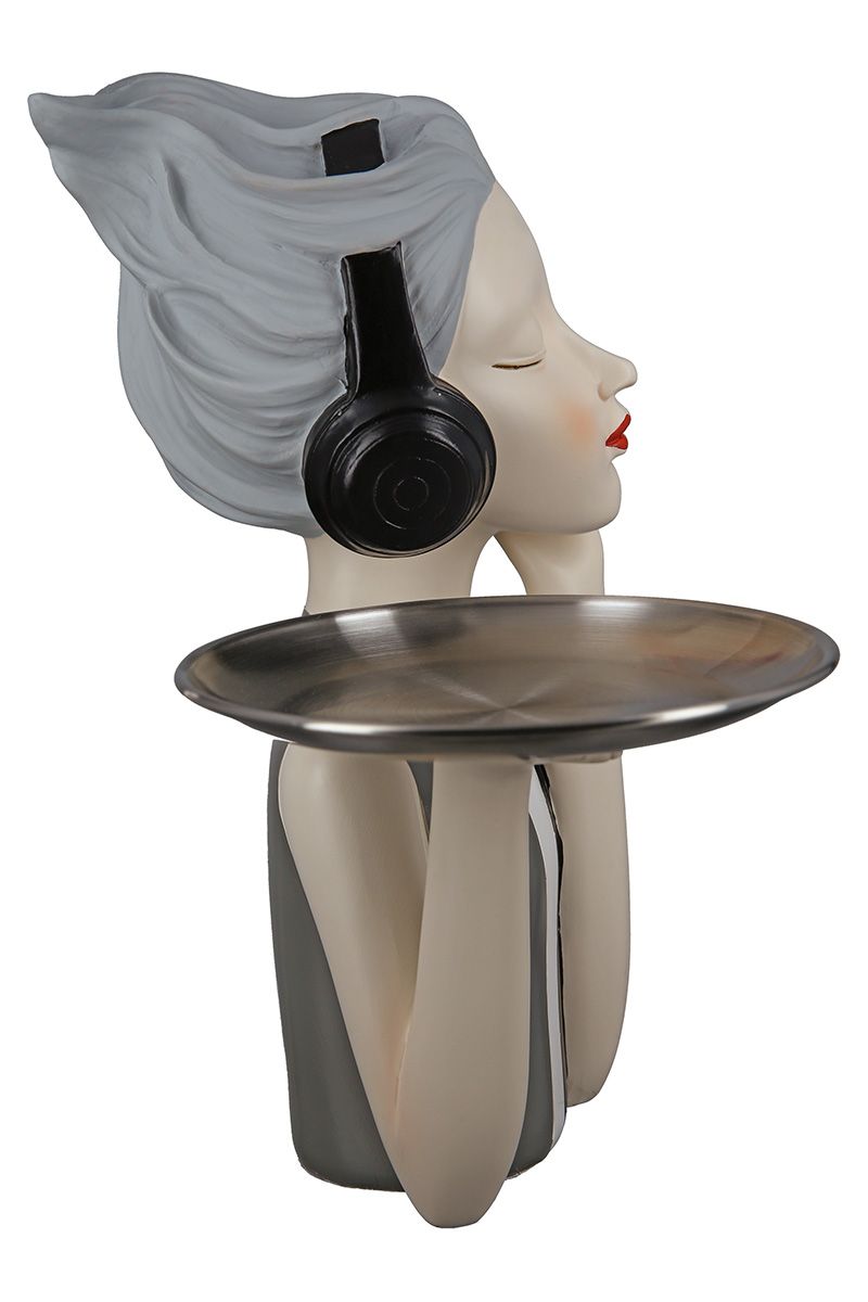 Figur "LOVEMUSIC" mit Kopfhörer grau/schwarz/weißes Kleid mit Tablett aus Edelstahl handbemalt Skulptur Dekofigur Beauty