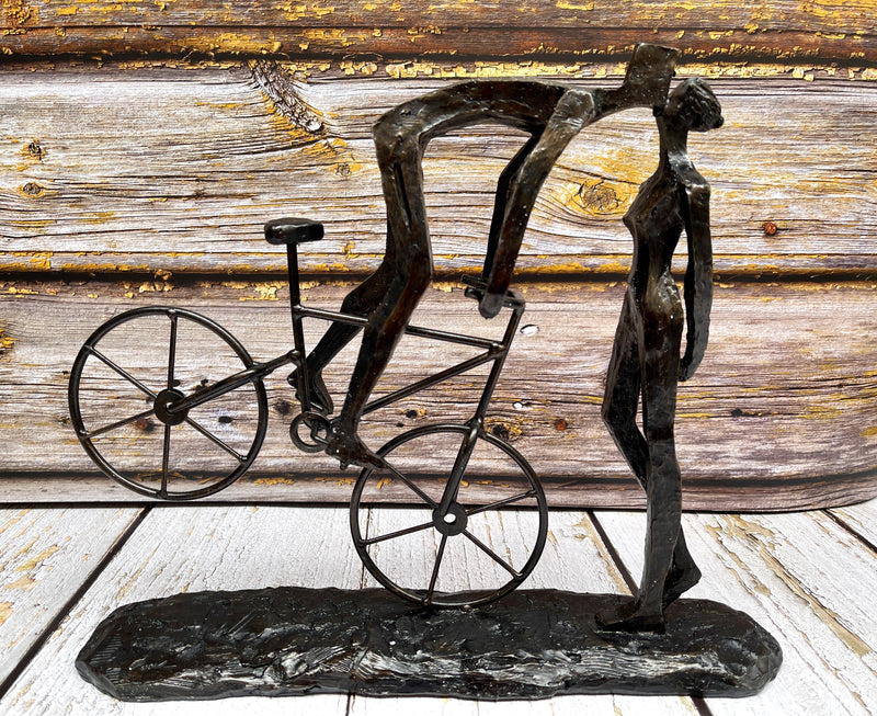 Kiss Me Romantic Lovers Sculpture on Bicycle - High Quality Home &amp; Office Decoration