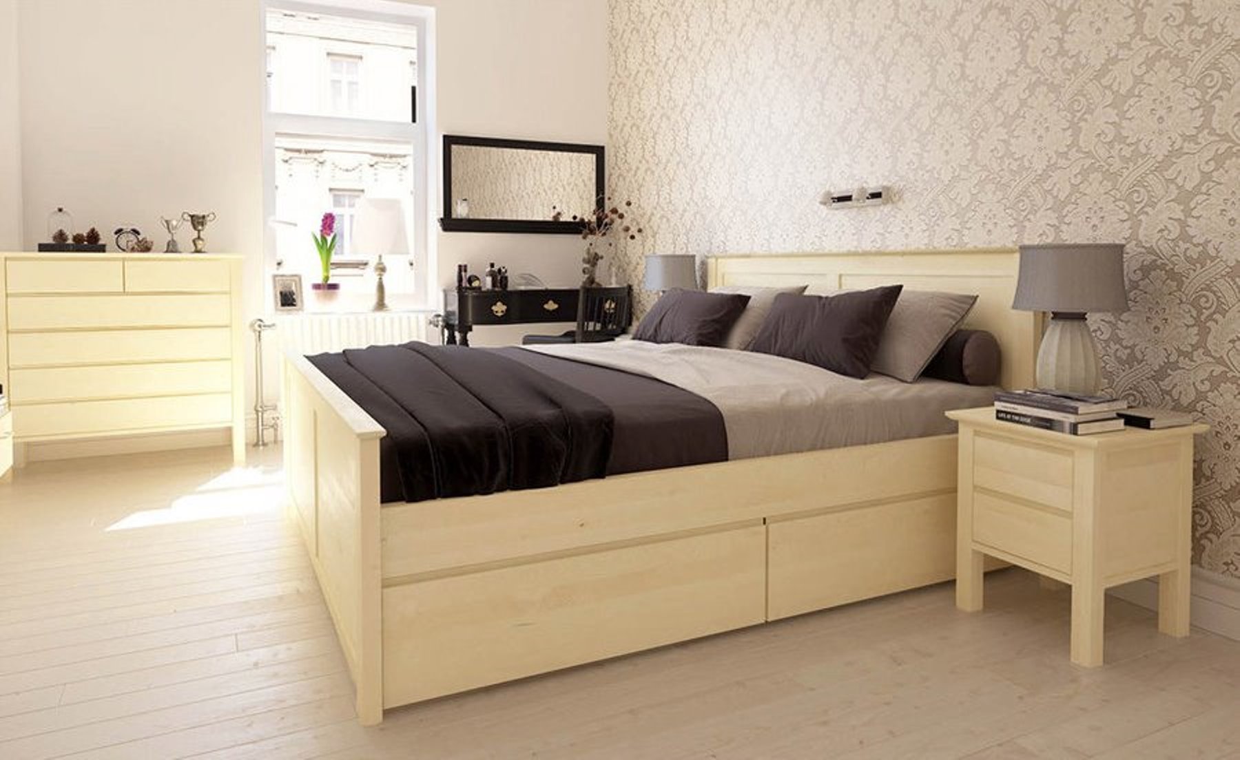 FLORANCE Massivholzbett mit 4 Schubladen