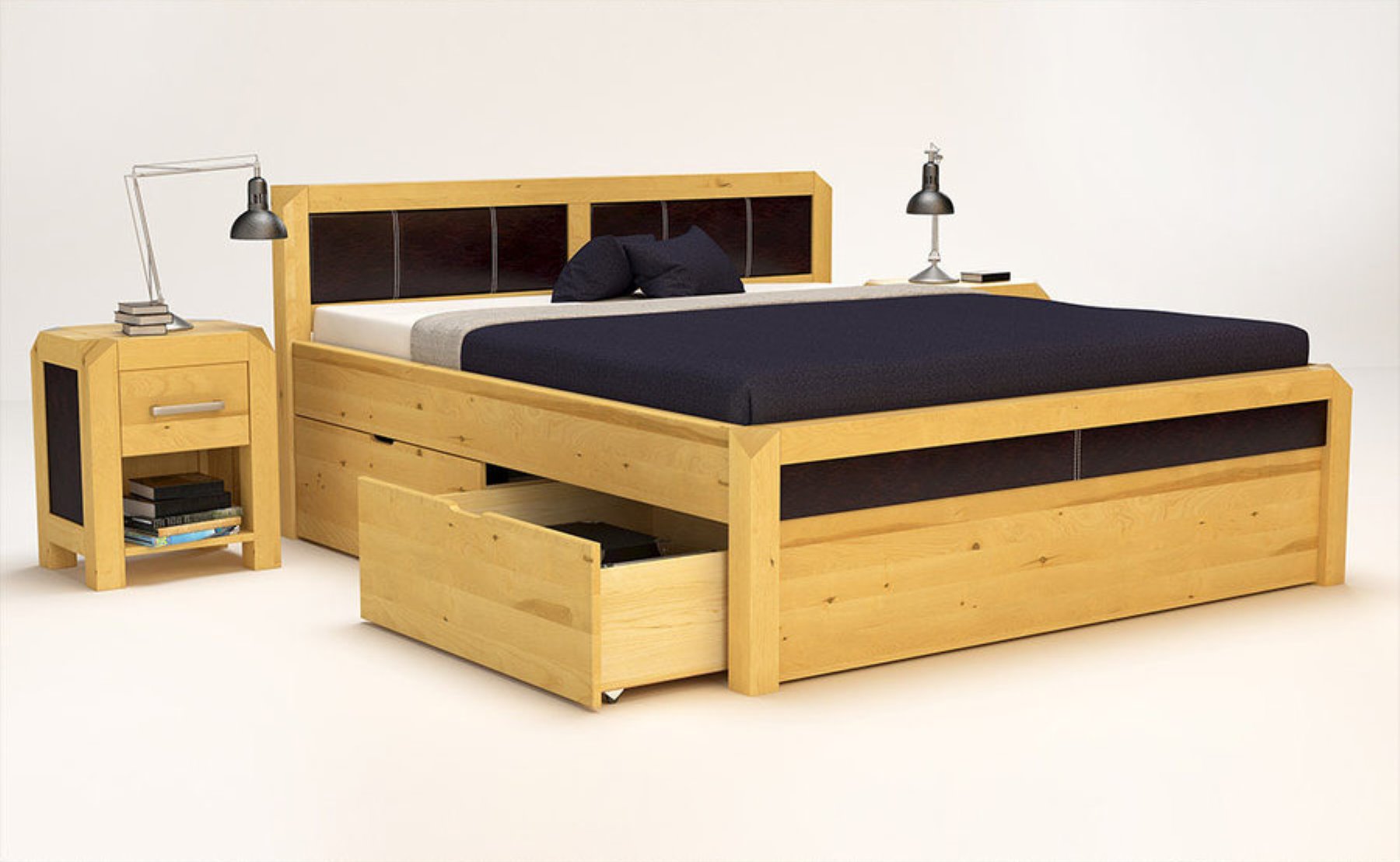MODENA-VERSO Massivholzbett mit 4 x Bettschubladen