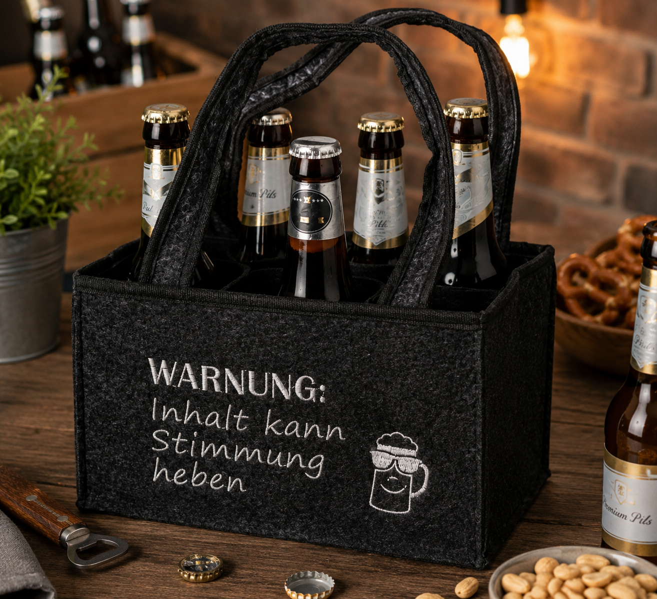 Bierflaschenträger Warnung Filztasche für 6 Flaschen mit Tragegriff