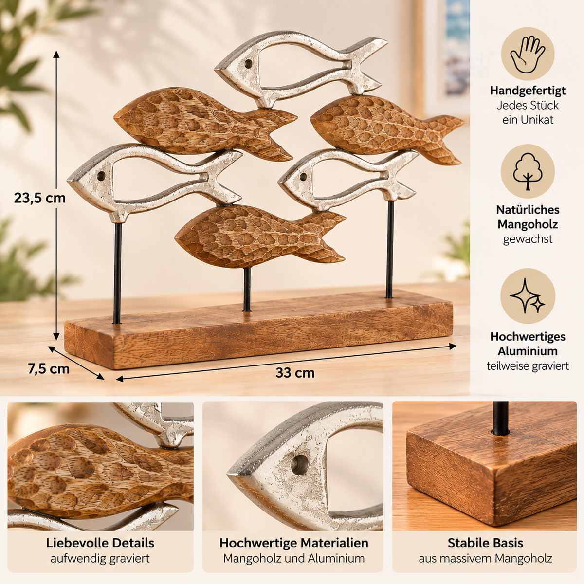 Dekofigur Balik Fischschwarm Mangoholz Aluminium 33 cm