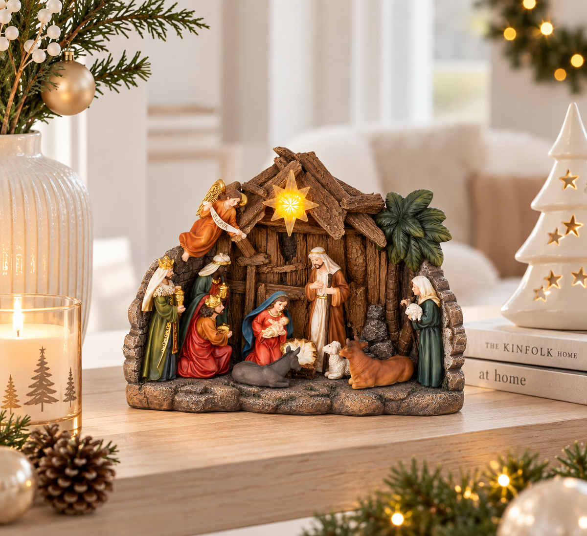 Weihnachtskrippe mit 11 Figuren und LED Stern 26,3 cm