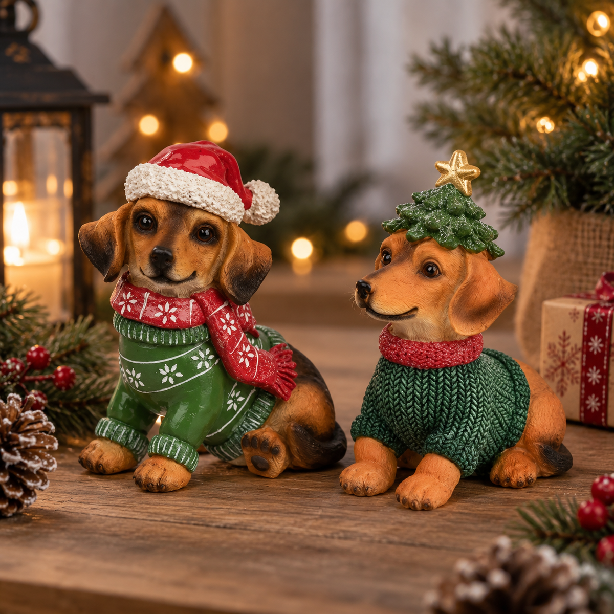 Weihnachtsfiguren Hunde Flocki und Tanne 2er Set 14 cm