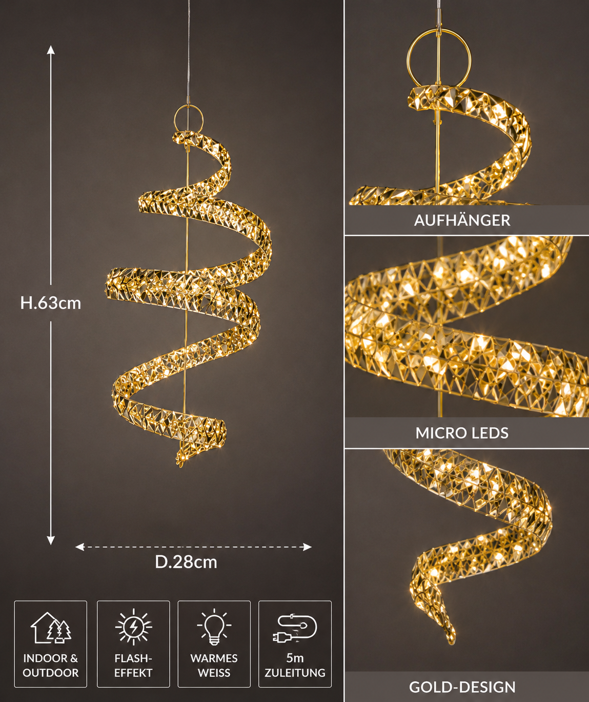Micro LED Quirl Liora gold warmweiß für Innen und Außen 63 cm