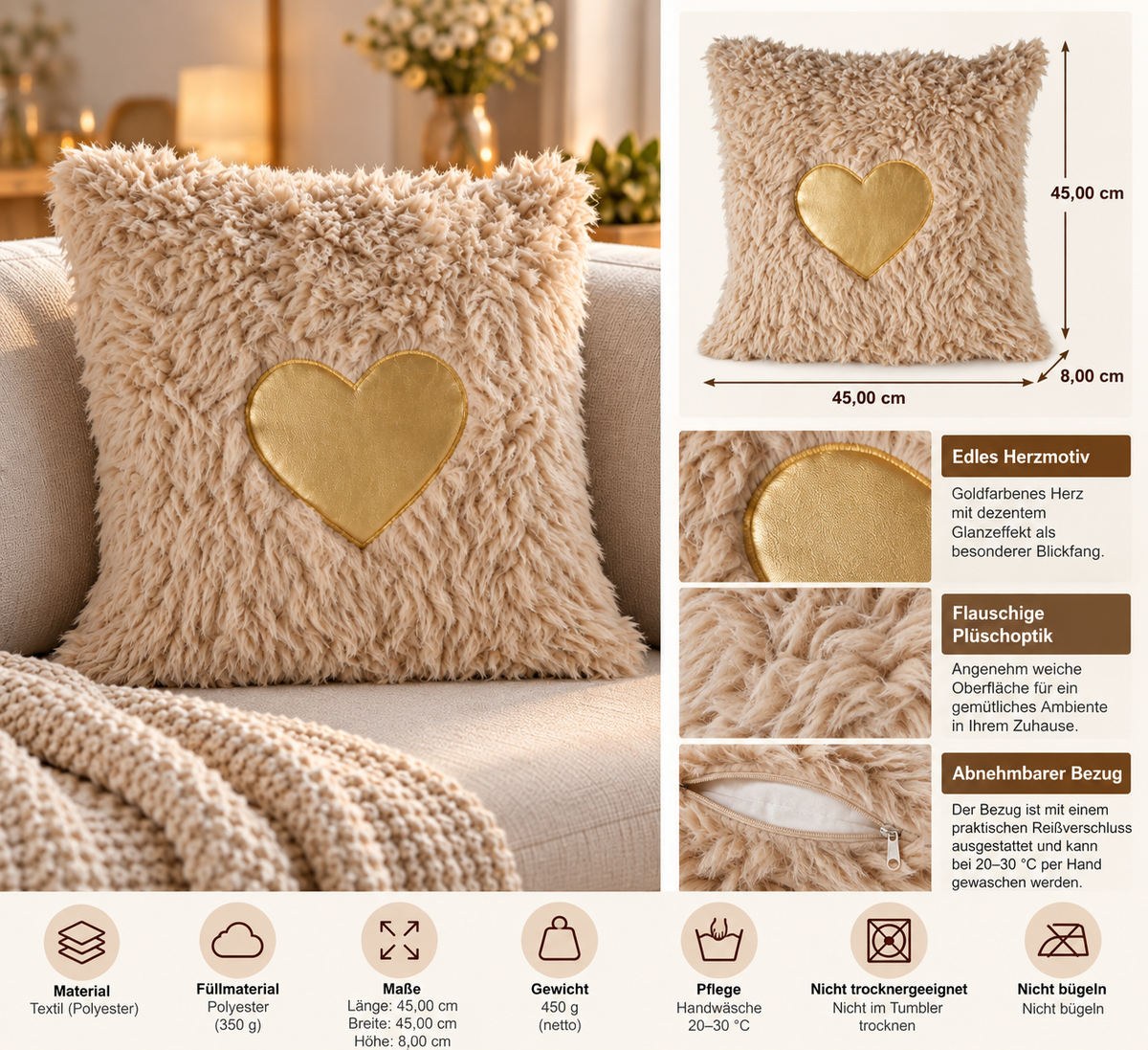 Dekokissen Heartella beige gold Herz 45 x 45 cm