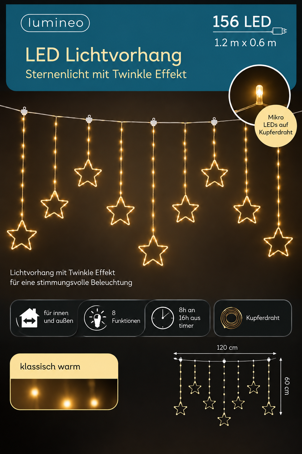 LED Lichtvorhang Sternenglanz warmweiß 156 LEDs 120 cm für Innen und Außen