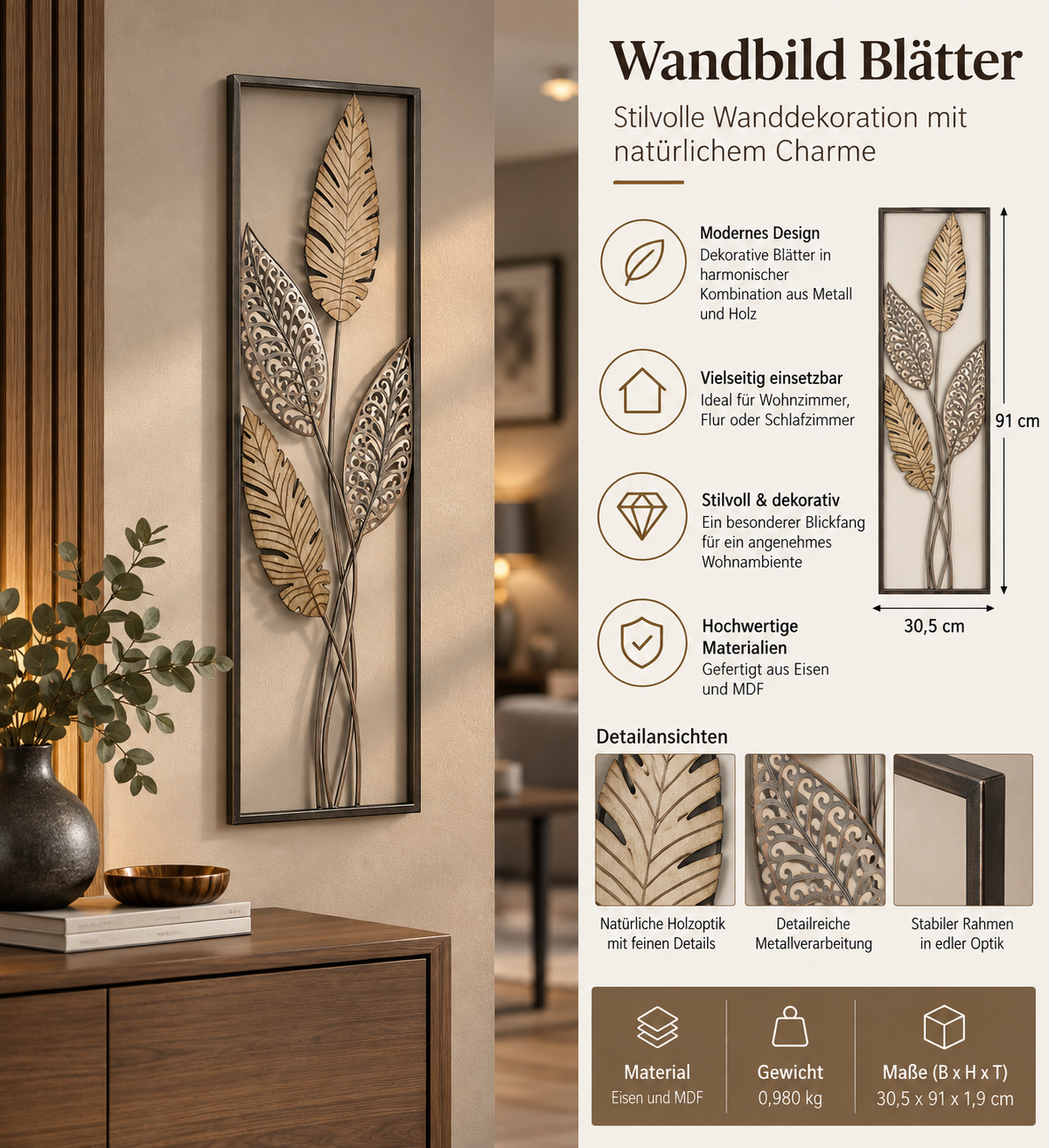 Wandbild Blätter naturfarben 91 x 30,5 cm