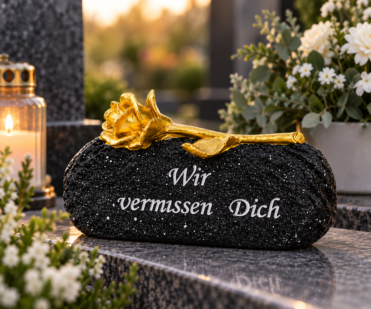 Gedenkstein Wir vermissen Dich schwarz gold mit Rose 16 cm