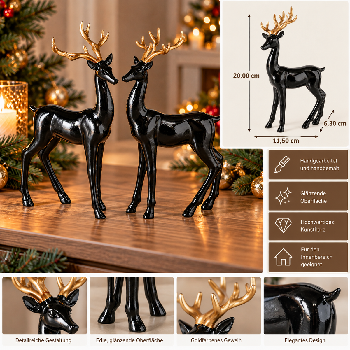 Dekofiguren Wassili Hirsch 2er Set schwarz gold 20 cm