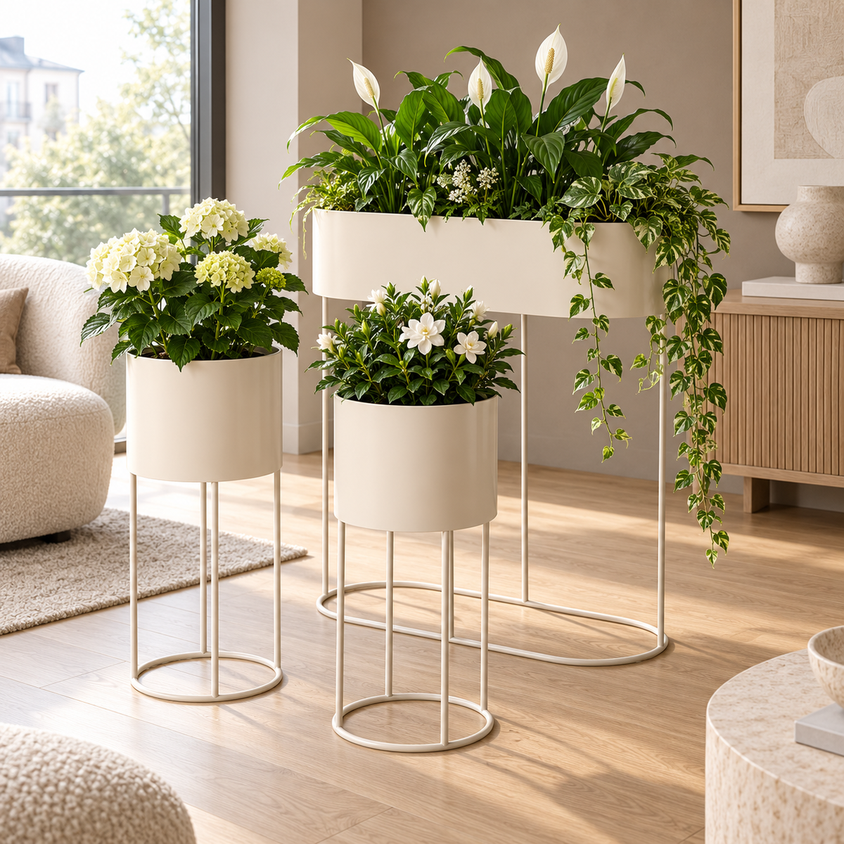 Übertopf Set Aurela beige aus Metall pulverbeschichtet 3 teilig outdoor