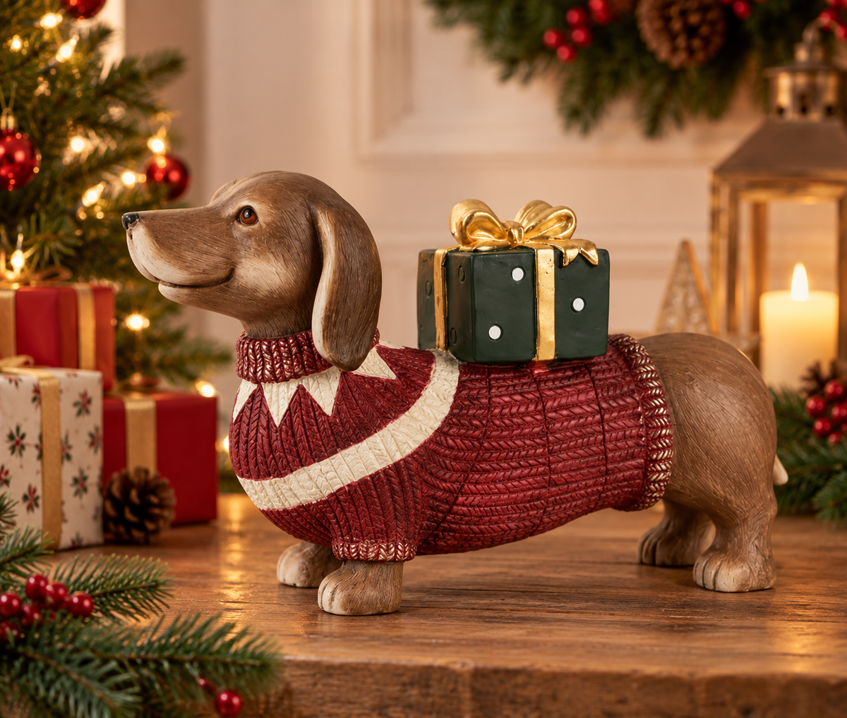 Weihnachtsfigur Dackel Oskar mit Geschenk rot 47 cm