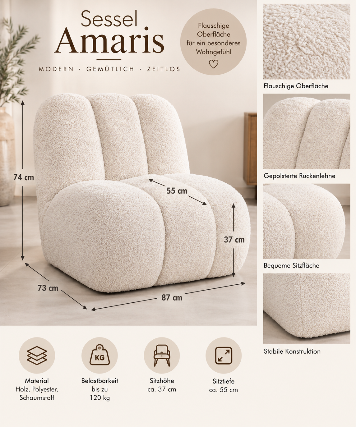 Sessel Amaris creme flauschig 87 x 73 x 74 cm