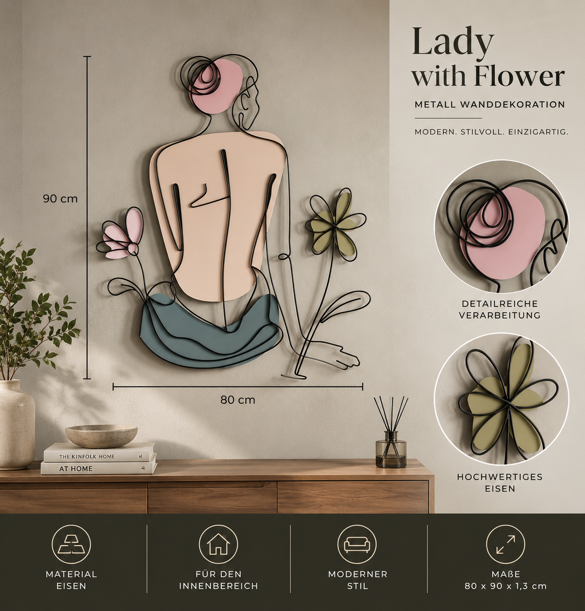 Wanddekoration Lady Flower Frau mit Blumen 80 x 90 cm
