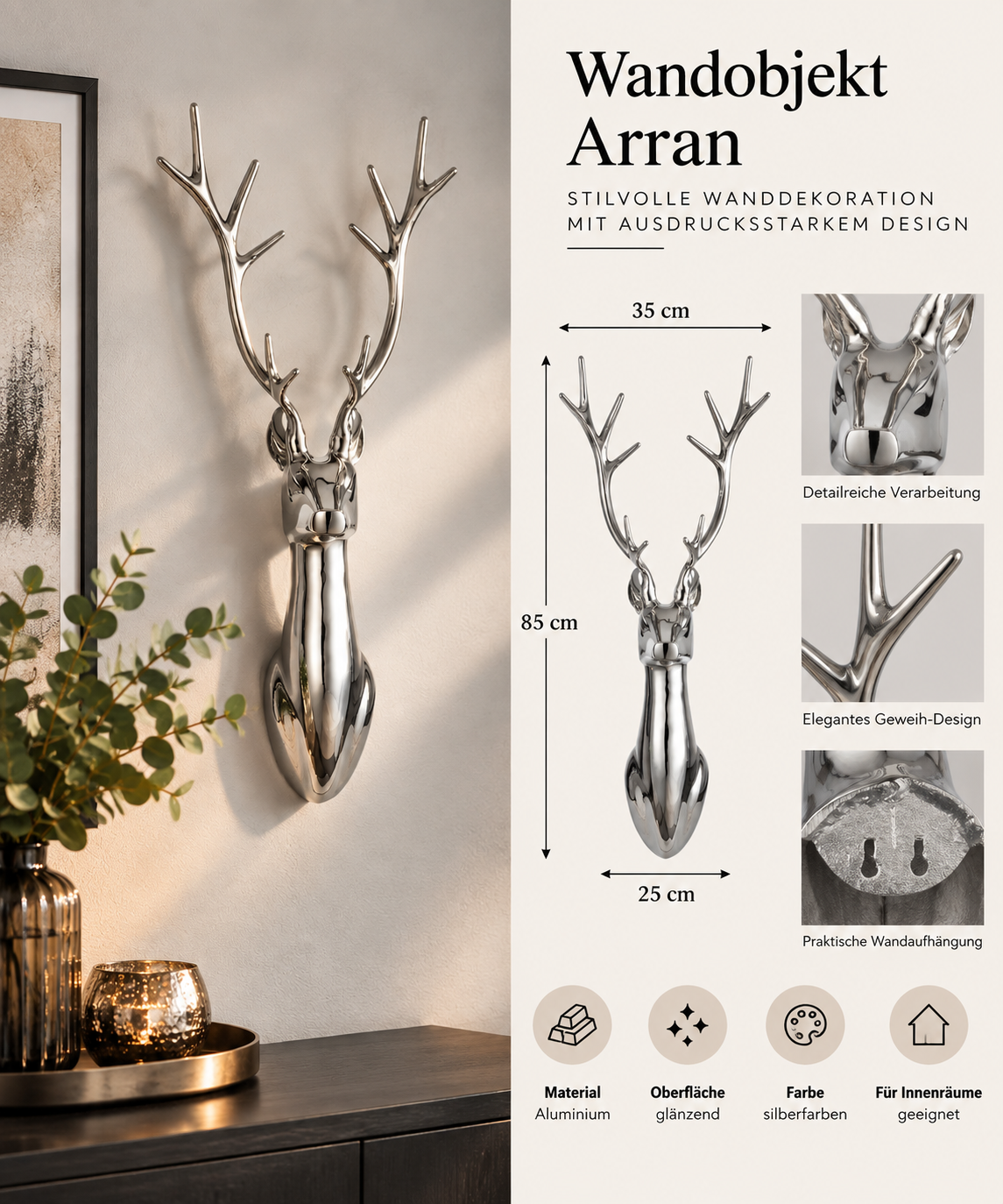 Wandobjekt Arran Hirsch silberfarben glänzend 85 cm