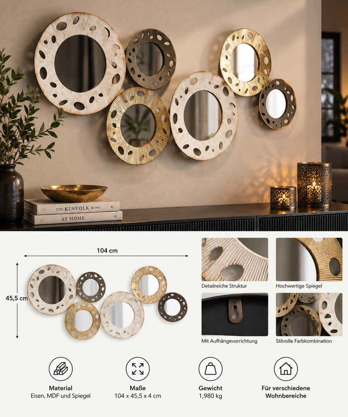 Wanddekoration Gloty mit Spiegeln gold creme 104 cm