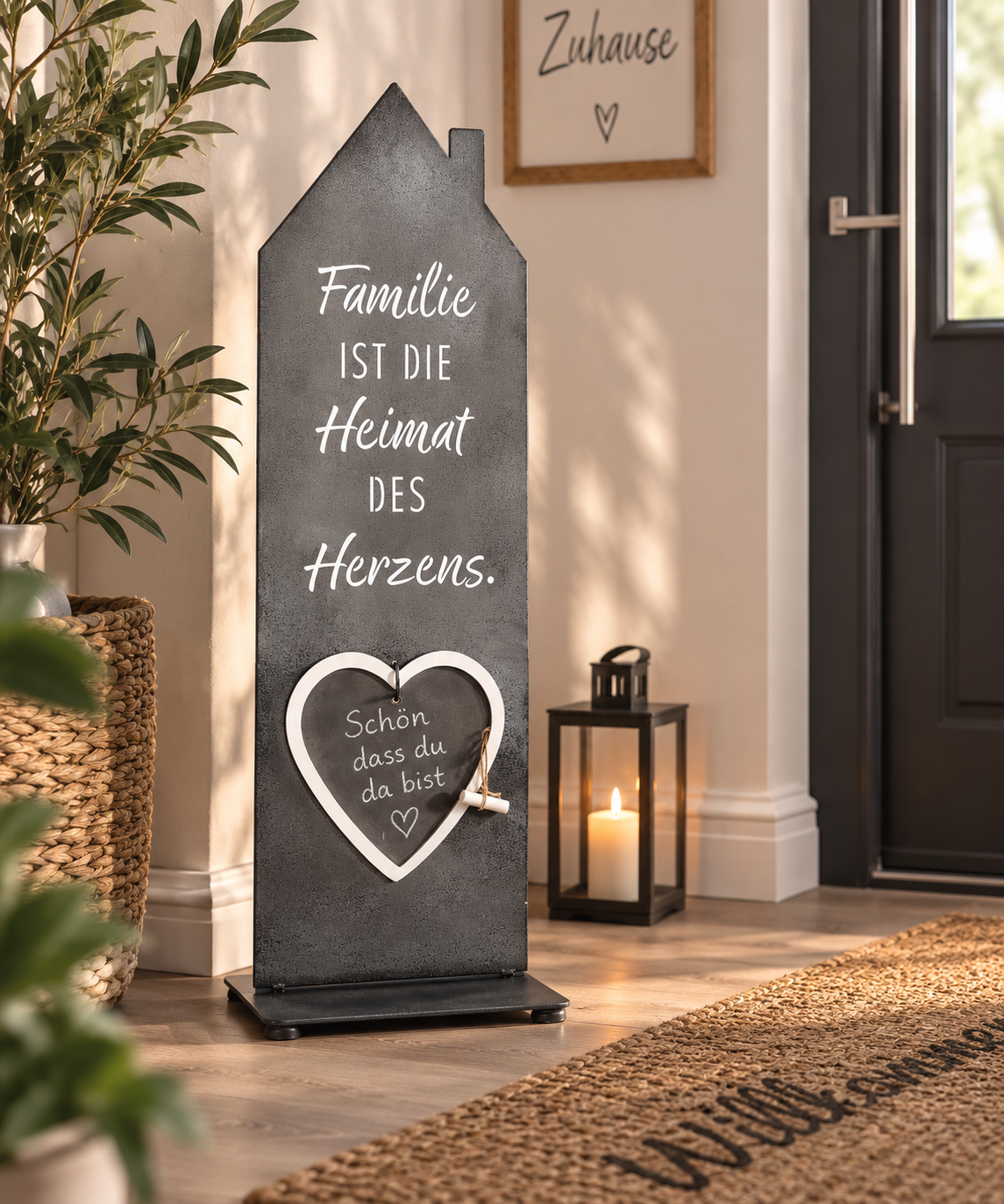 Standdeko Haus Zuhause mit beschriftbarem Herz grau 74 cm