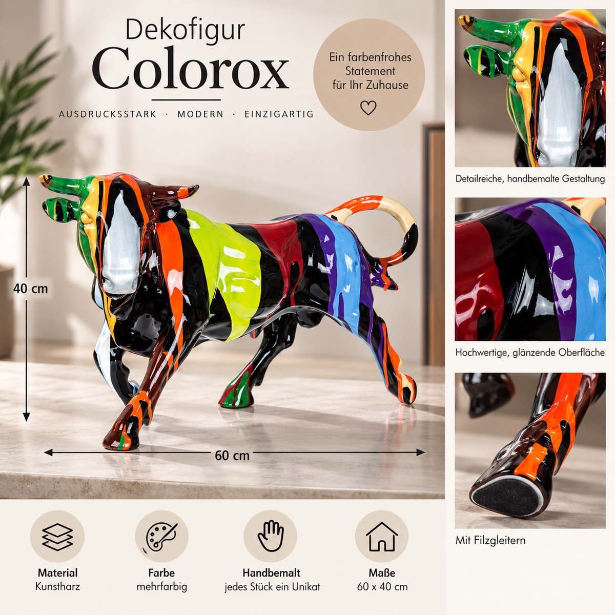 Dekofigur Stier Colorox mehrfarbig 60 x 40 cm