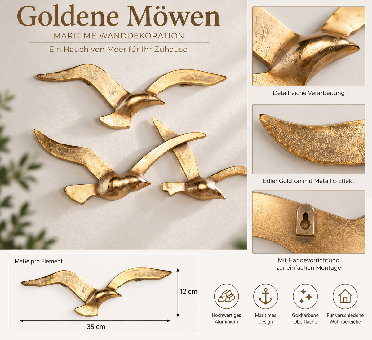 Wanddeko Goldene Möwen 2-teilig Gold 35 x 12 cm