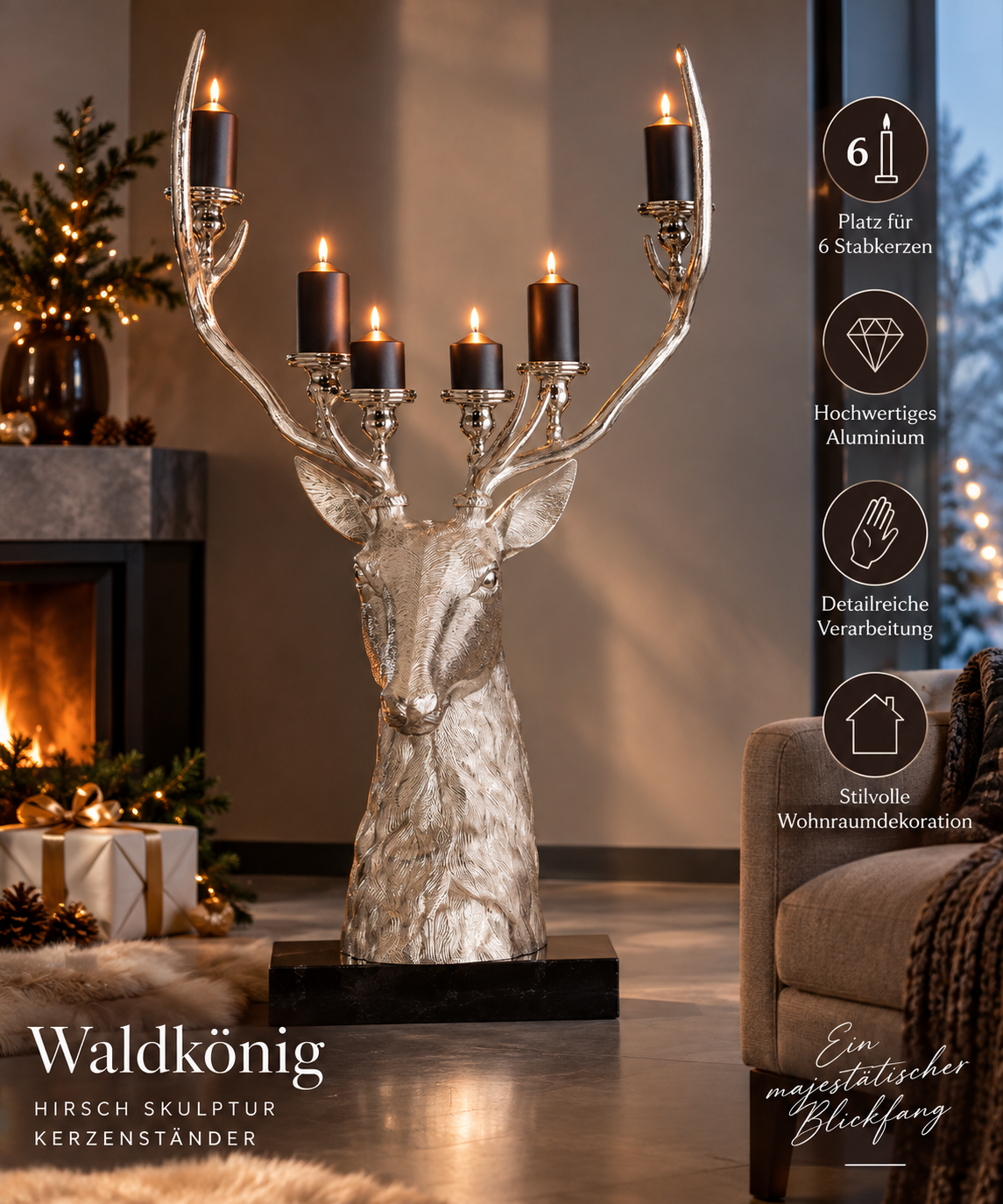 Der Waldkönig - Luxuriöser Aluminium Hirsch Skulptur und Kerzenständer für eine rustikale Atmosphäre