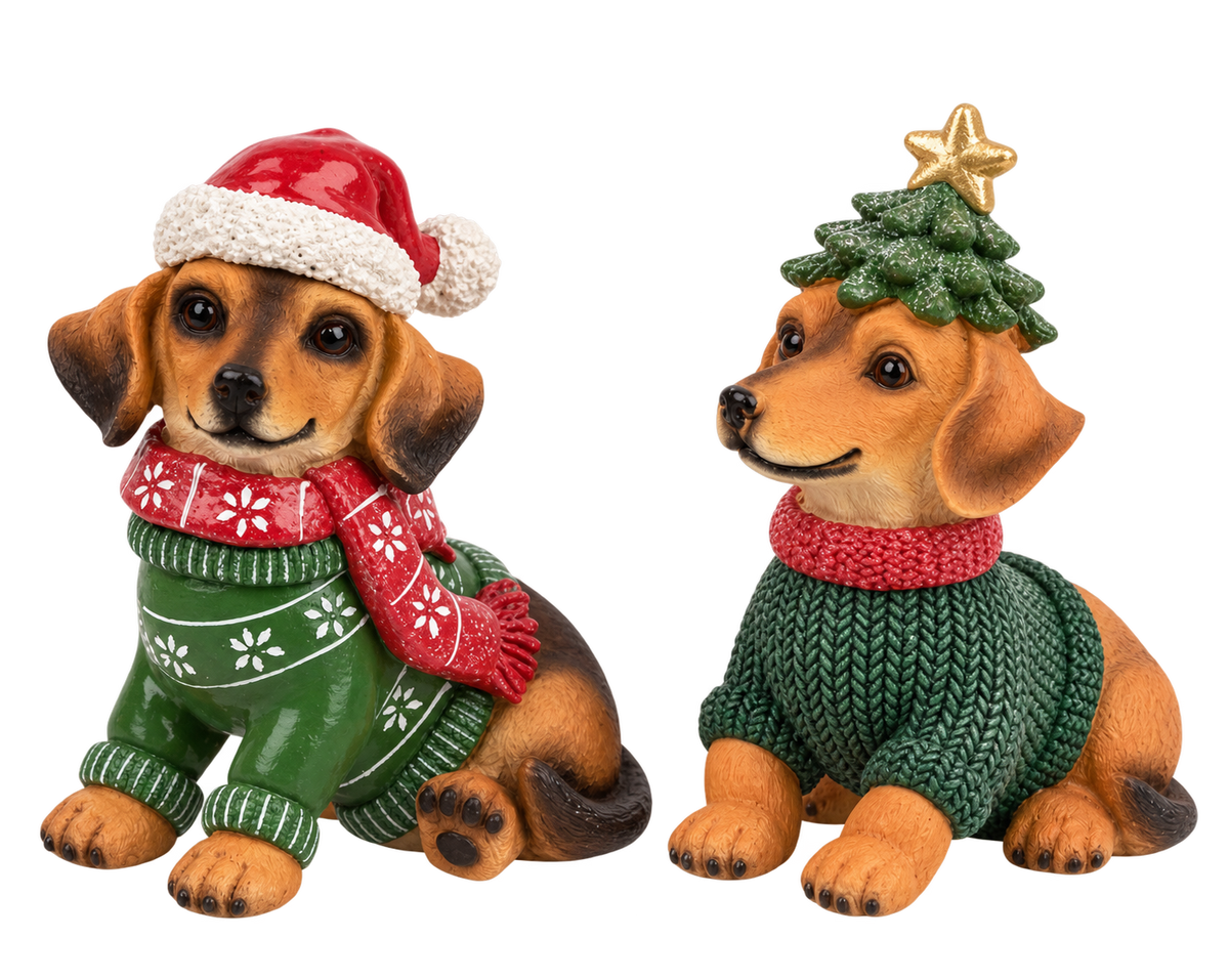 Weihnachtsfiguren Hunde Flocki und Tanne 2er Set 14 cm