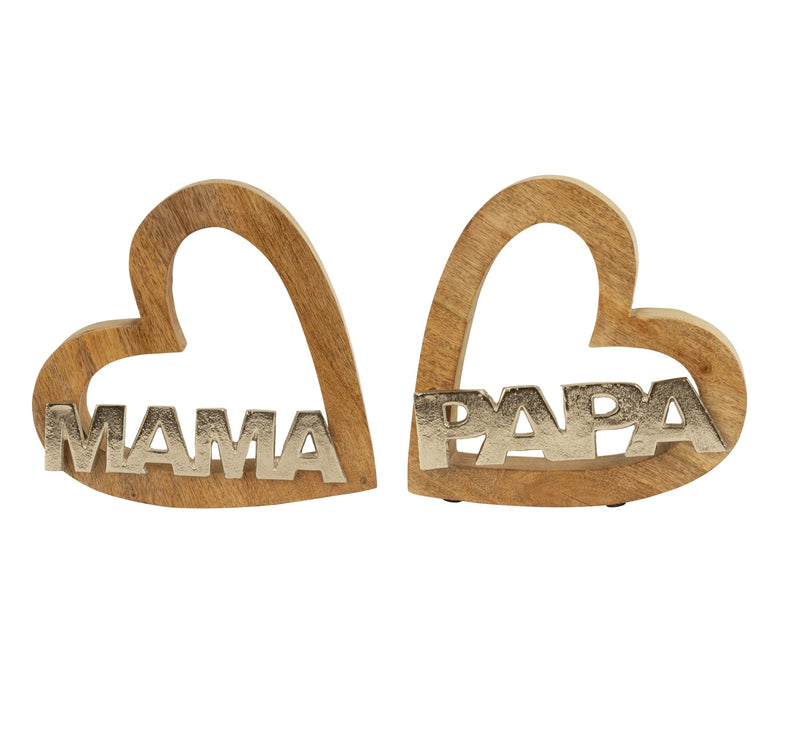 Belettering Decoratie Hart PAPA of MAMA Houten Basis Metaal Zilver 25cm