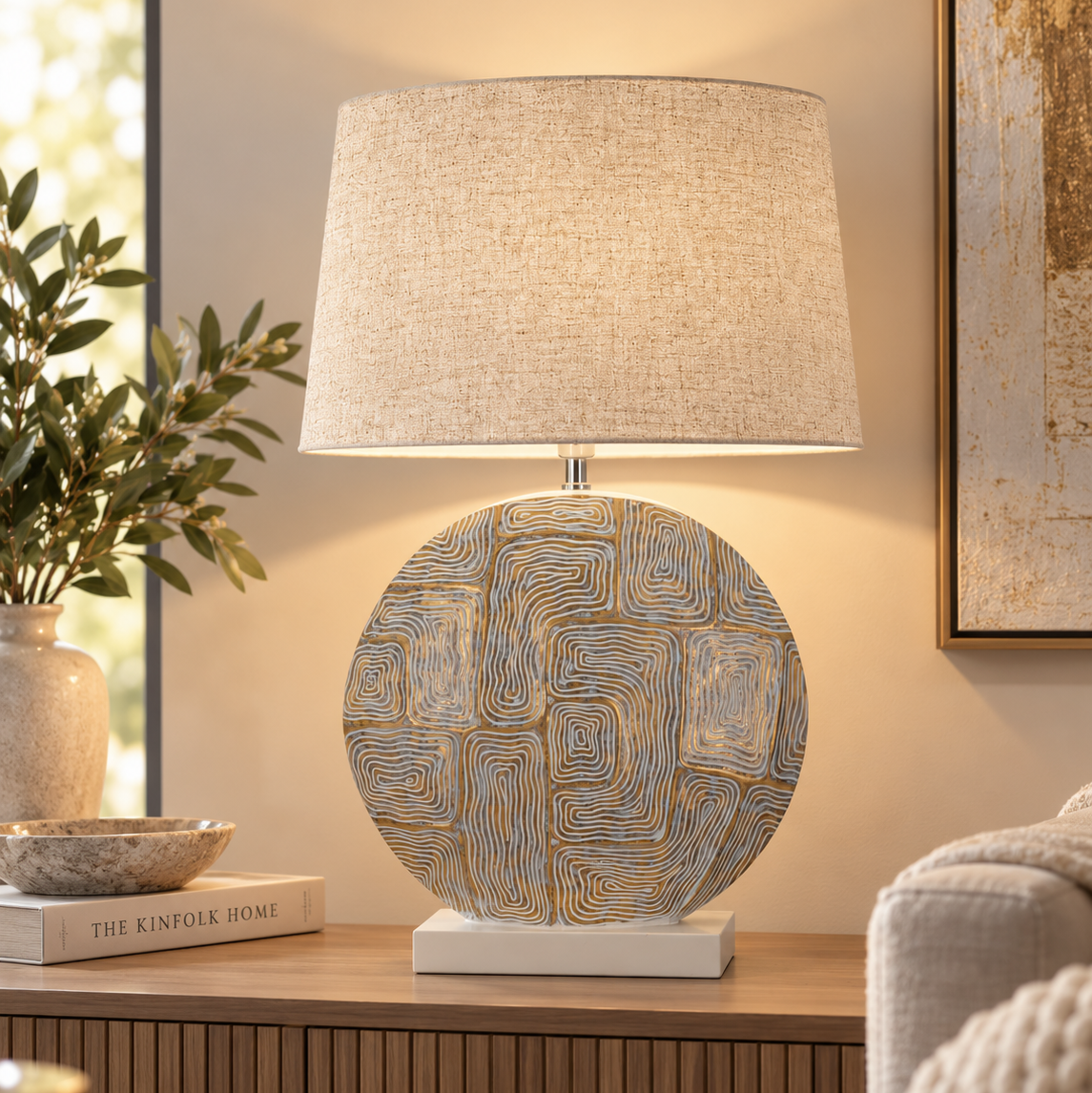 Tischleuchte Eclips rund Beige Grau Gold 64 cm