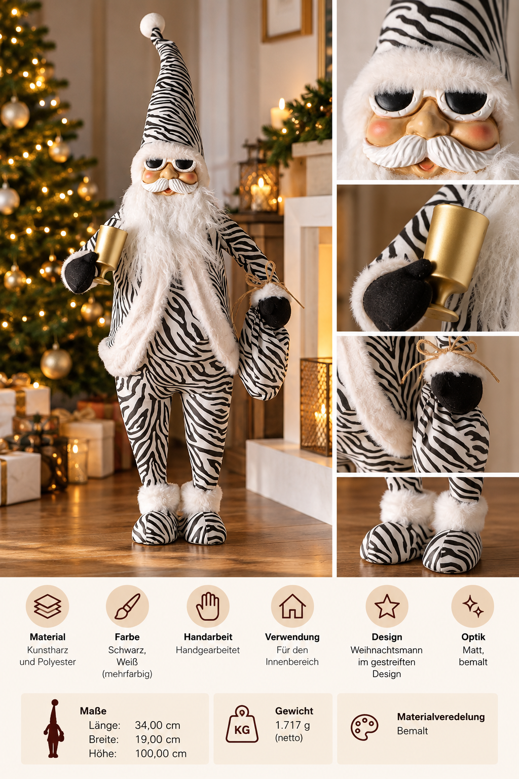 Weihnachtsmann Animal Zebramuster schwarz weiß 100 cm
