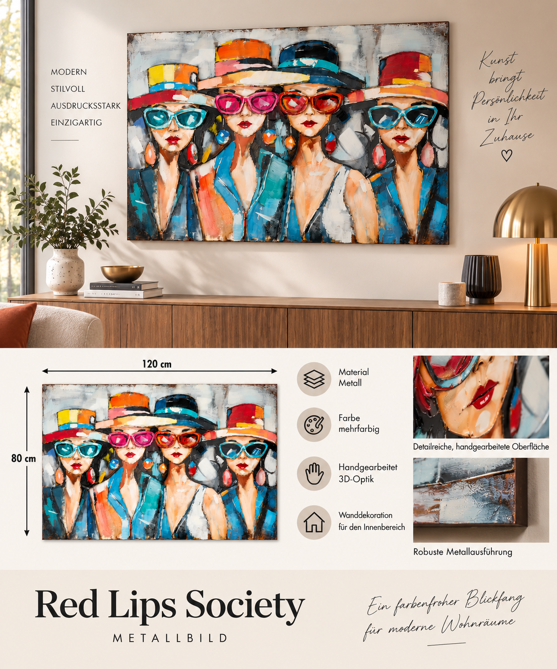 Metallbild Red Lips Society mehrfarbig 120 x 80 cm